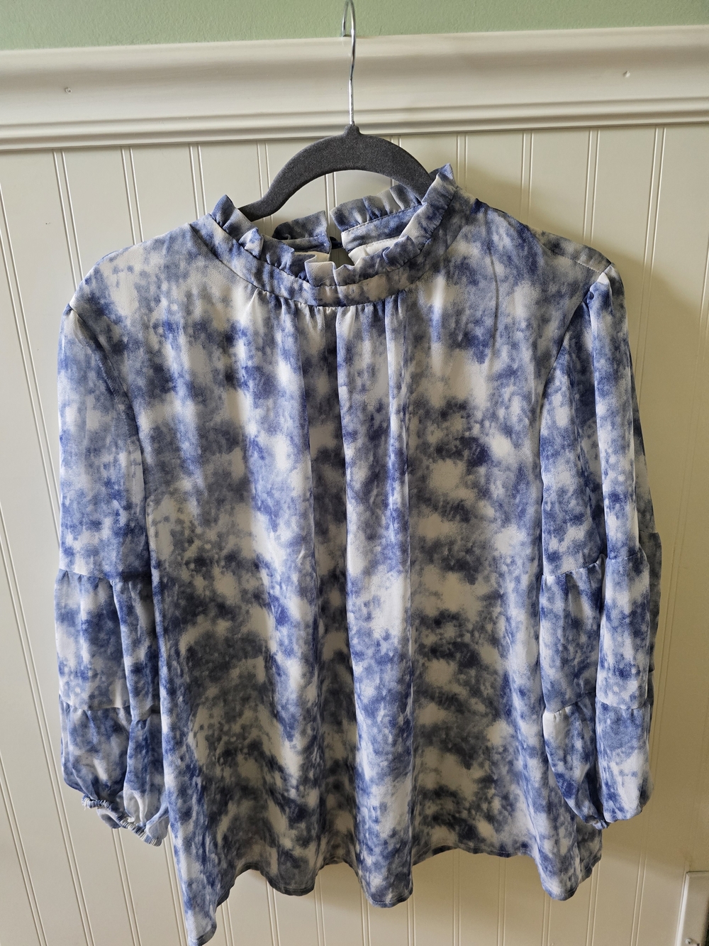 Luxology Blue and White Tie-Dye Ruffled Neck Blouse
